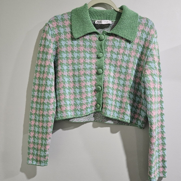 Zara Green and Cream Houndstooth Cardigan - Picture 8 of 11